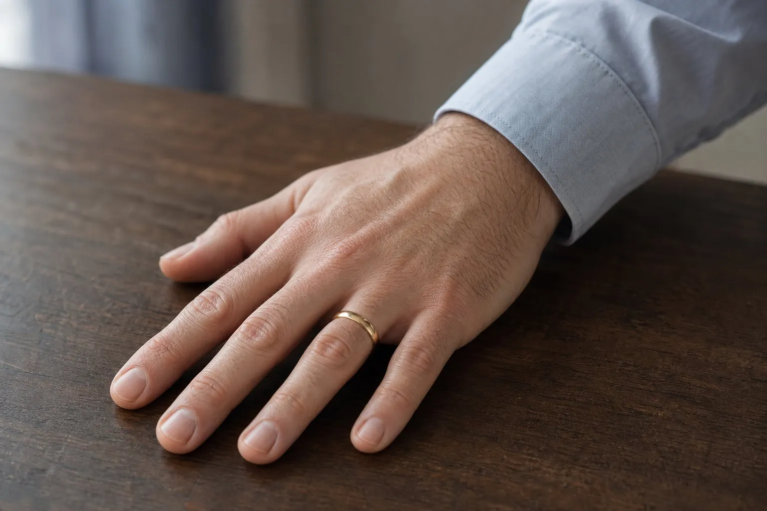 A man's hand resting on a dark wooden table wearing a plain narrow gold band on the ring finger