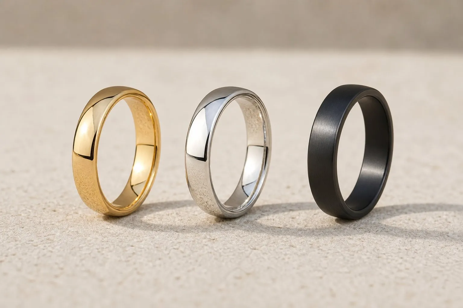 Three plain wedding bands in different metals standing in a row on pale stone