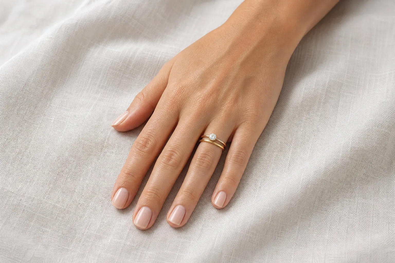 A plain narrow band worn closest to the hand with a slim round-stone ring above it on one ring finger