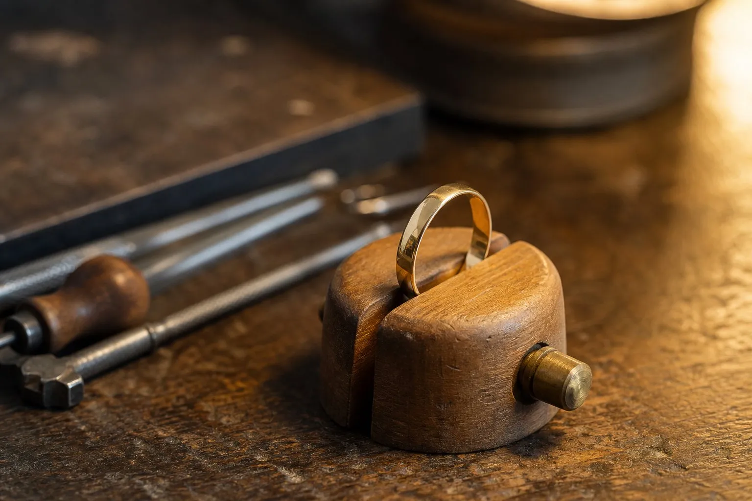 A plain gold band held upright in a small wooden ring clamp on a scarred wooden bench