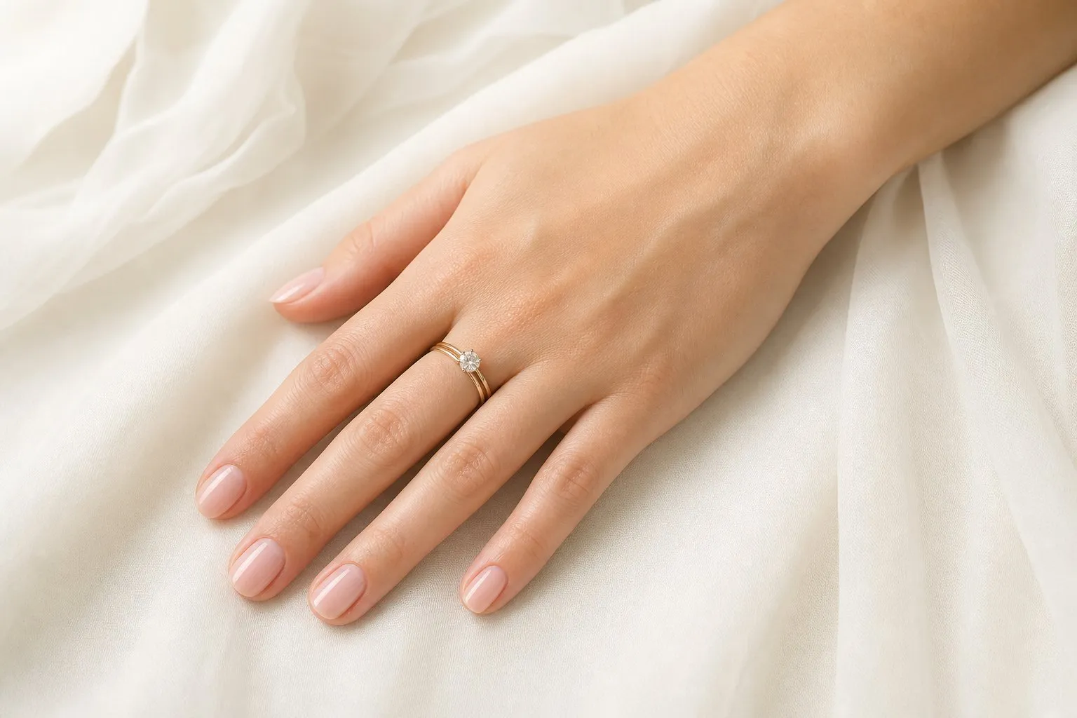 A round-stone engagement ring and a plain band worn together on one hand resting on ivory fabric