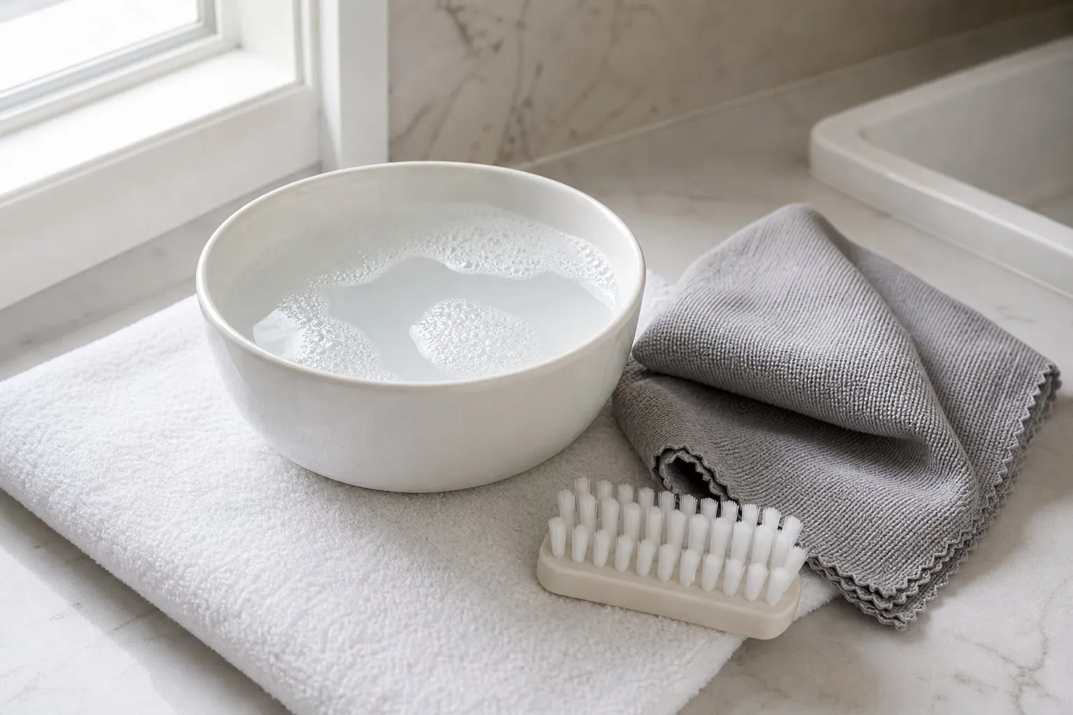 A bowl of warm soapy water with a soft brush and a lint-free cleaning cloth on a white towel
