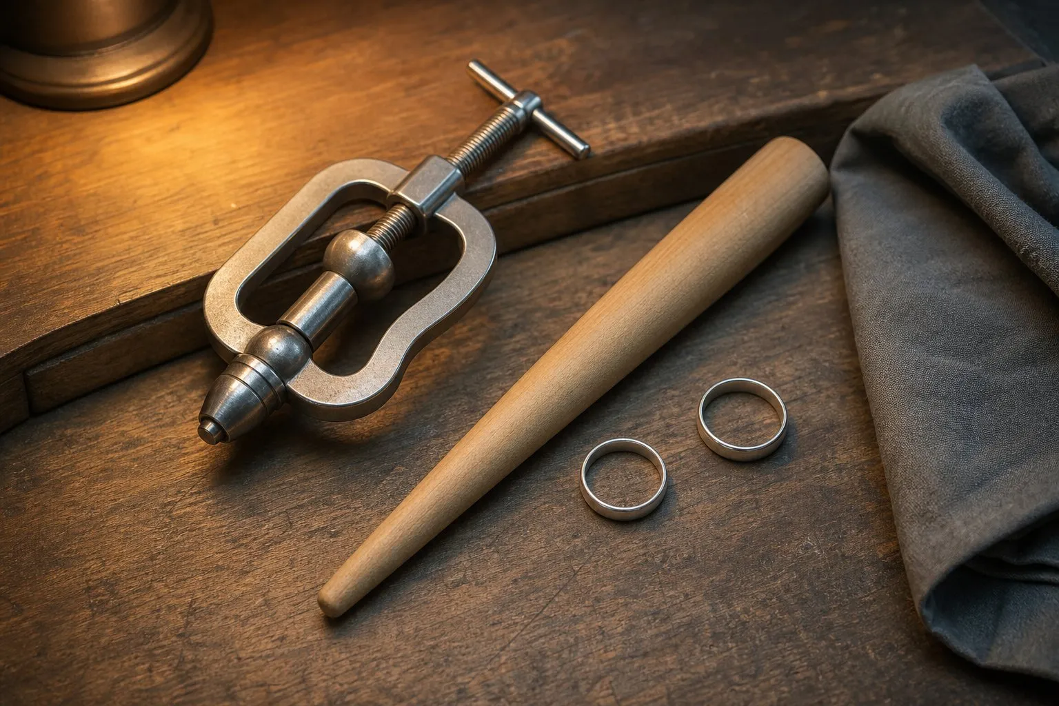 A ring clamp and an unmarked wooden mandrel on a jeweler's bench with two plain bands