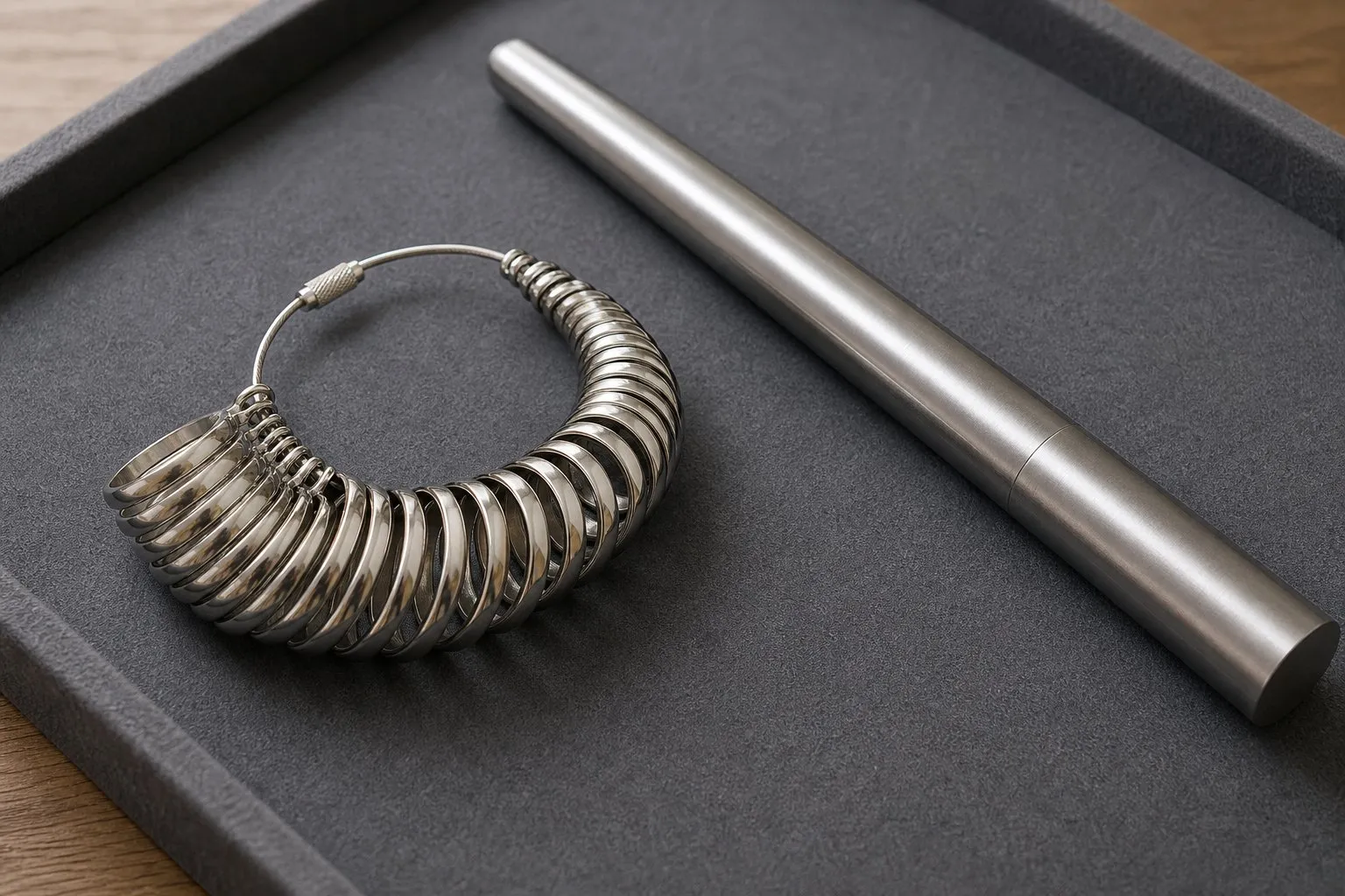 A jeweler's polished steel ring size gauge set fanned open on a dark gray felt tray