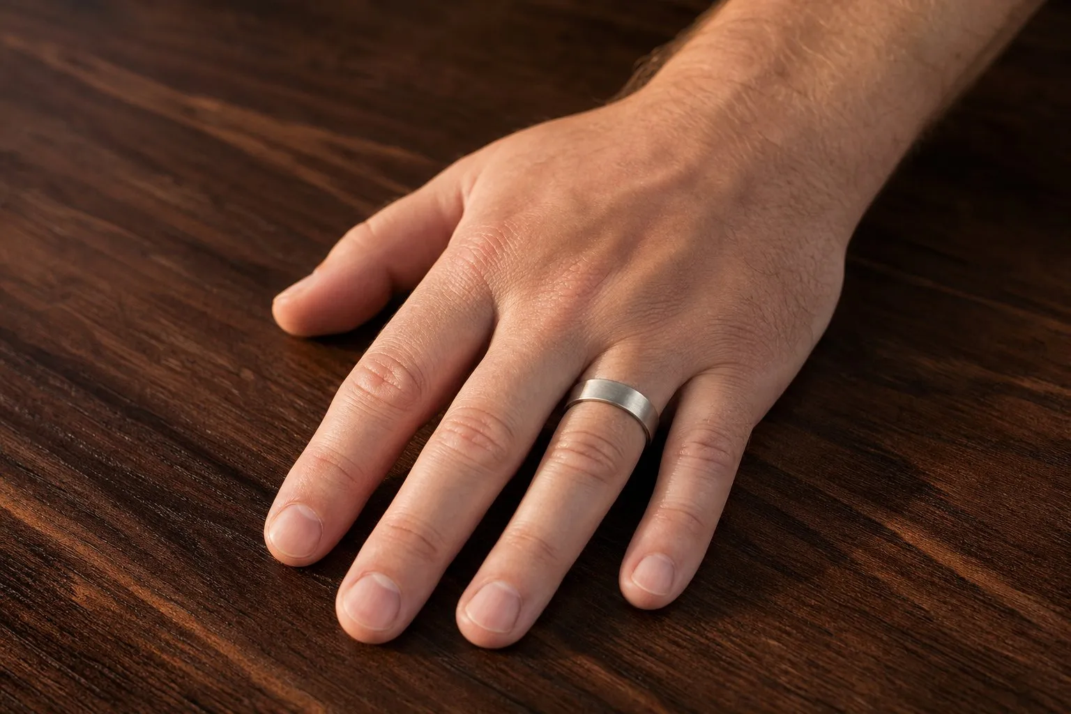 One hand resting relaxed on a dark walnut table in warm evening light