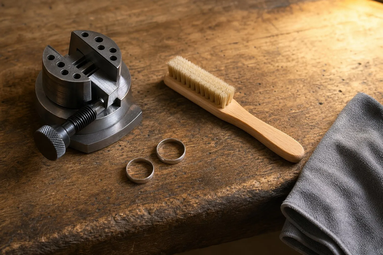 A ring clamp, a brush and two plain wedding bands on an unmarked jeweler's bench