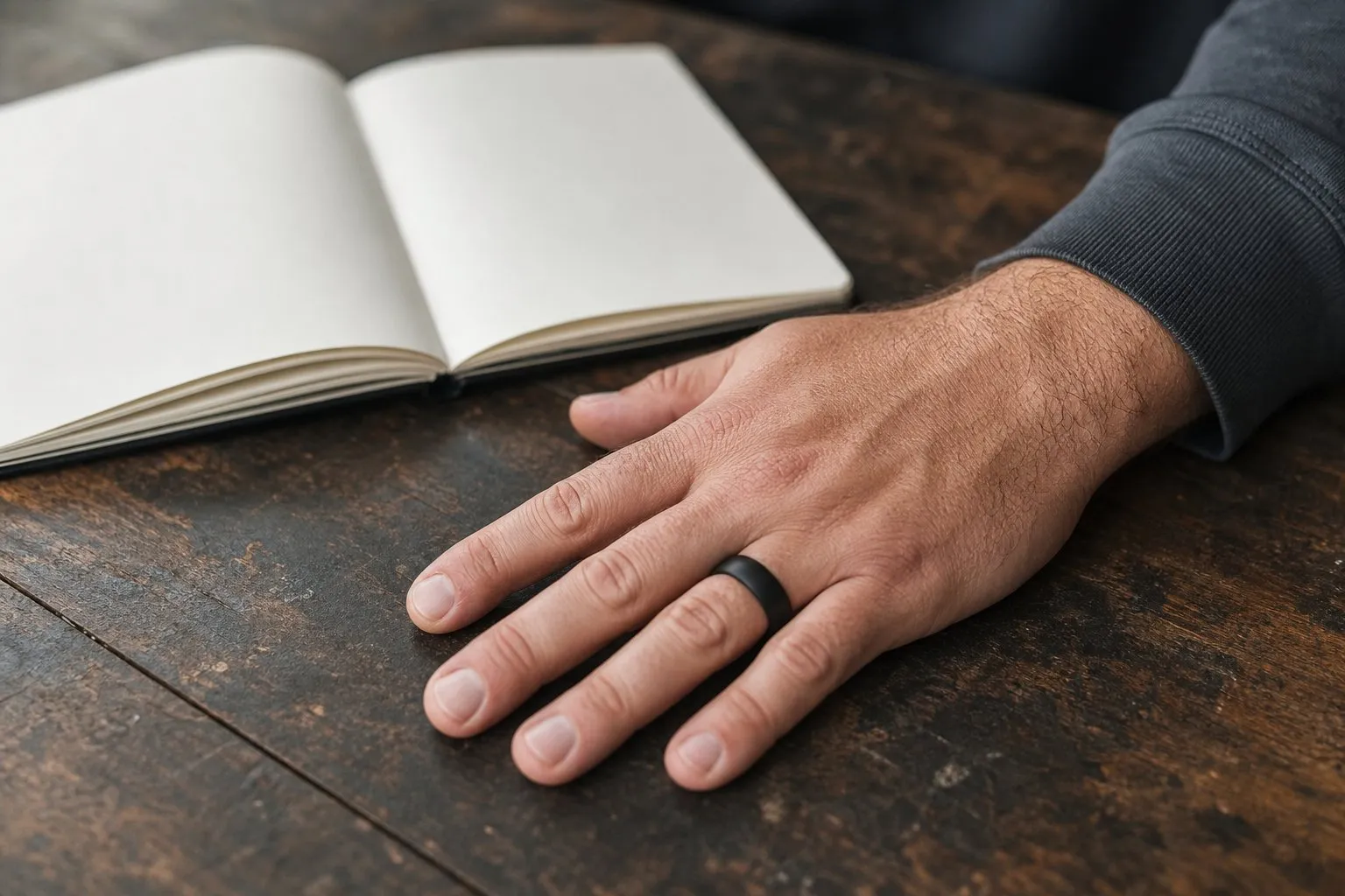 A man's hand resting on a dark wooden desk beside an open blank notebook, wearing a plain matte black wedding band