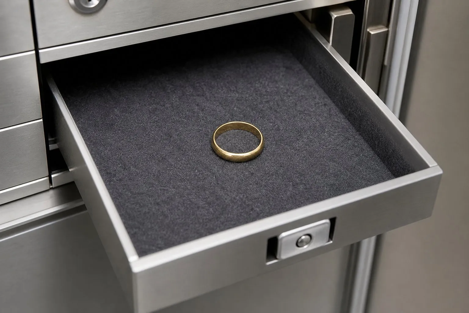 A plain gold ring on felt inside the open drawer of a safe deposit box