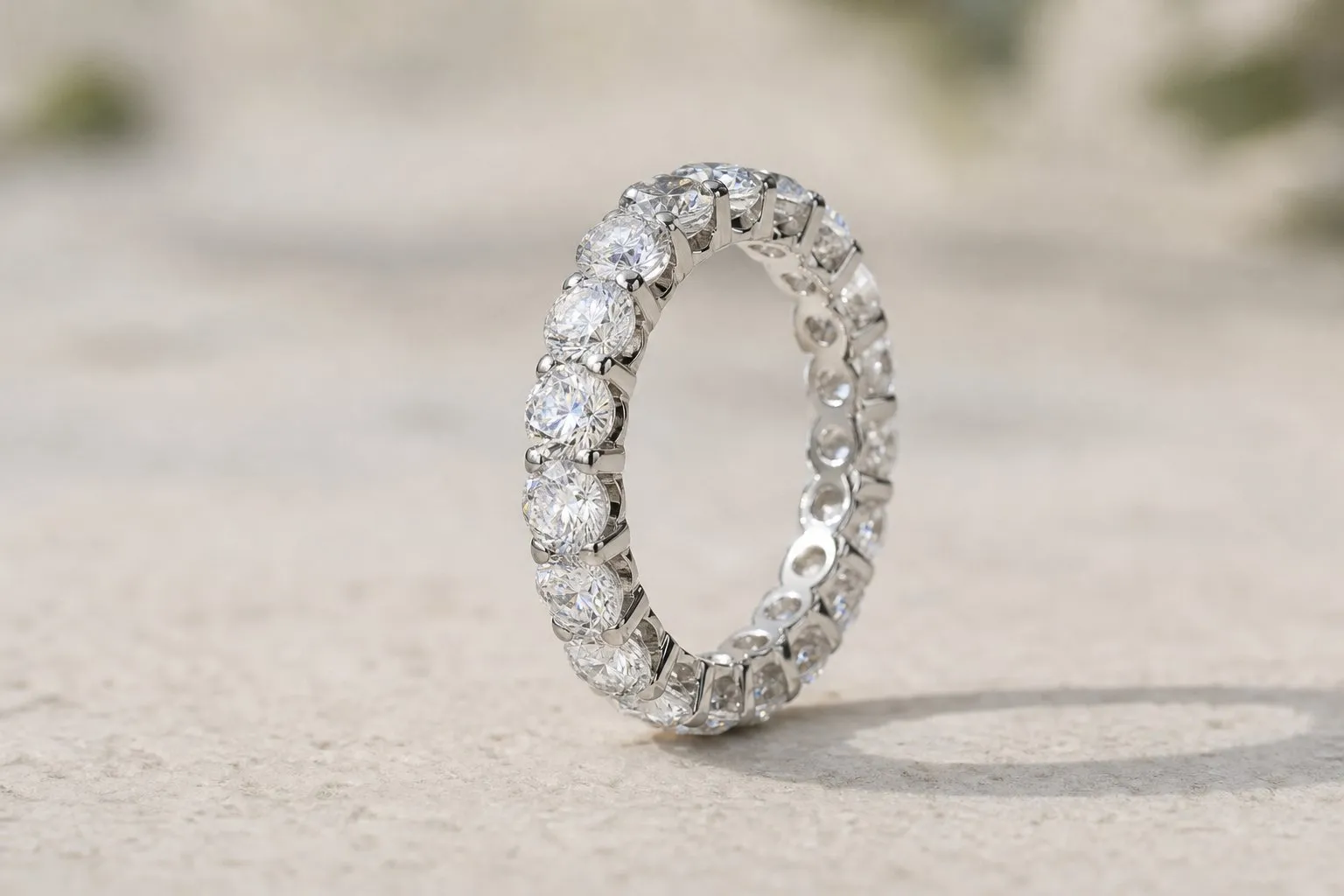 A full eternity band with small round diamonds set continuously around the whole band