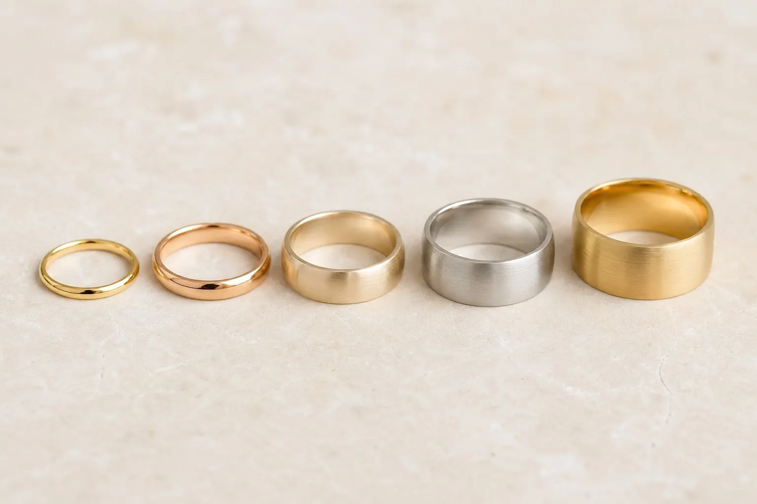 Five plain wedding bands of different widths and metal colors in a row on a cream surface