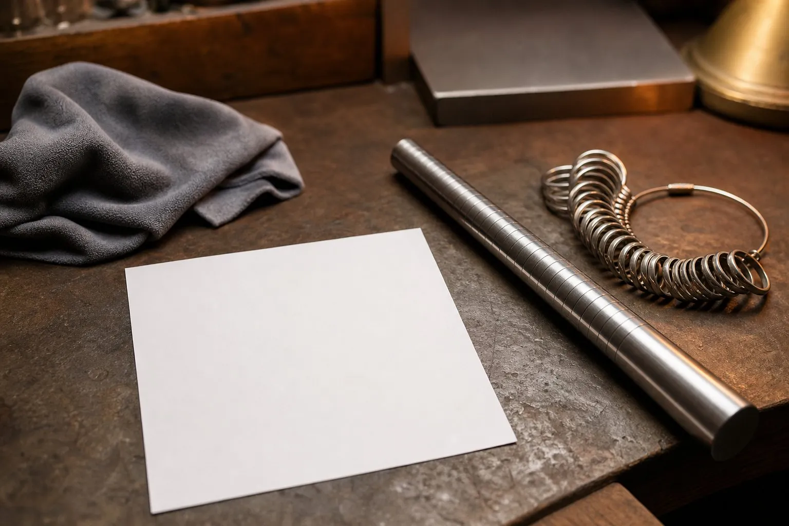 A steel ring mandrel and sizing gauges on a jeweler's bench