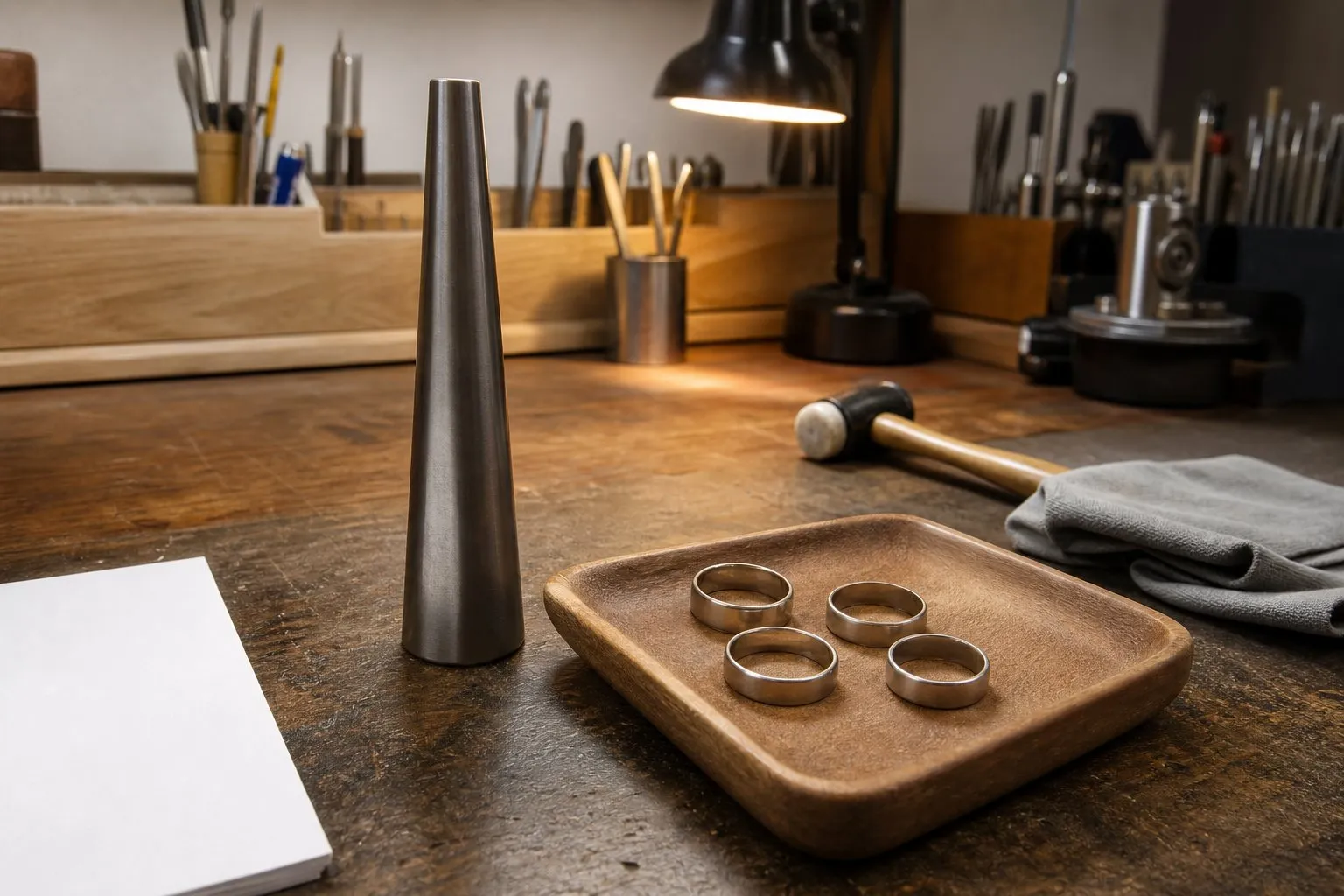 A steel ring mandrel and four plain unset bands in a tray on a jeweler's workbench