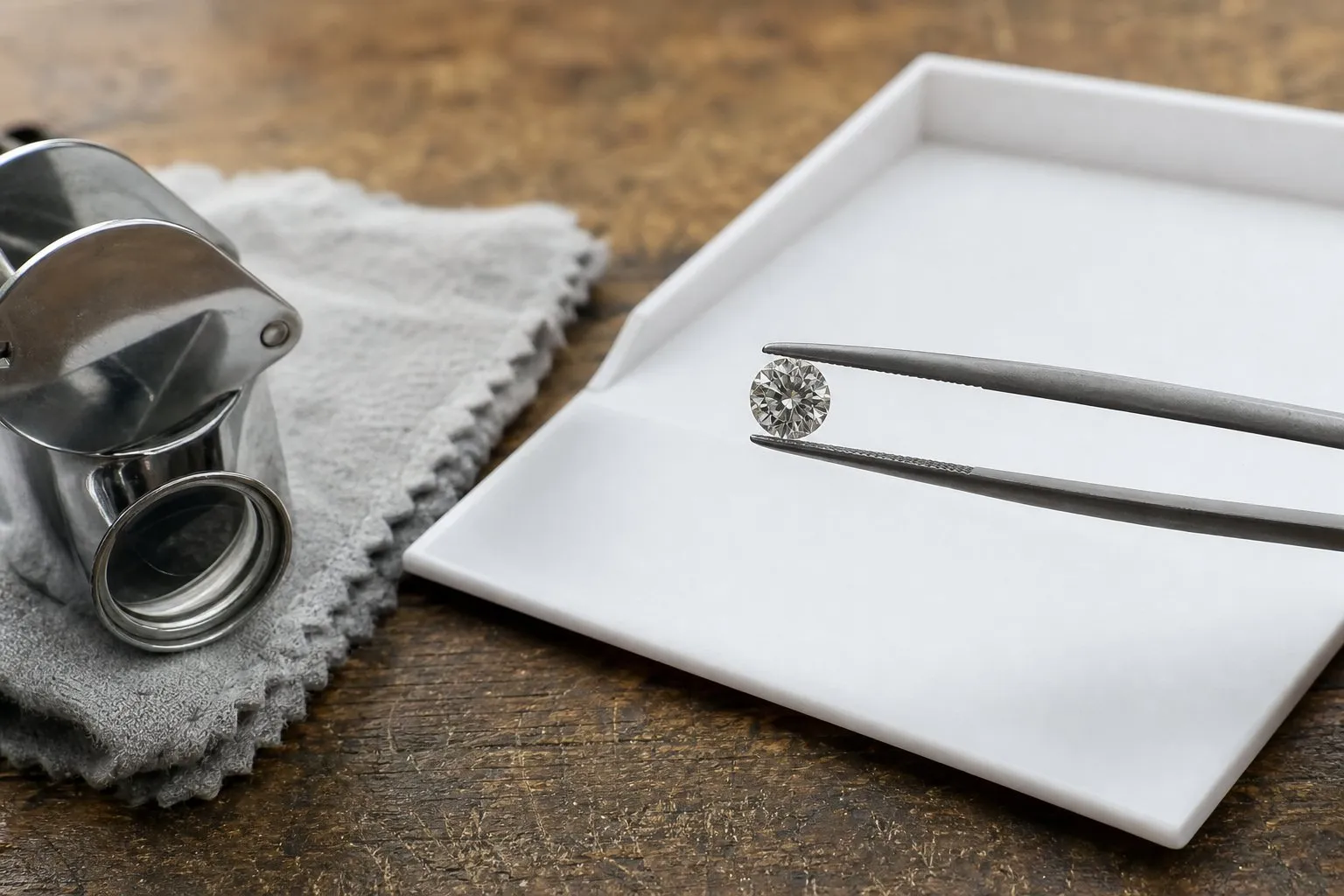A loose round brilliant diamond for an engagement ring held in jeweler's tweezers above a white grading tray