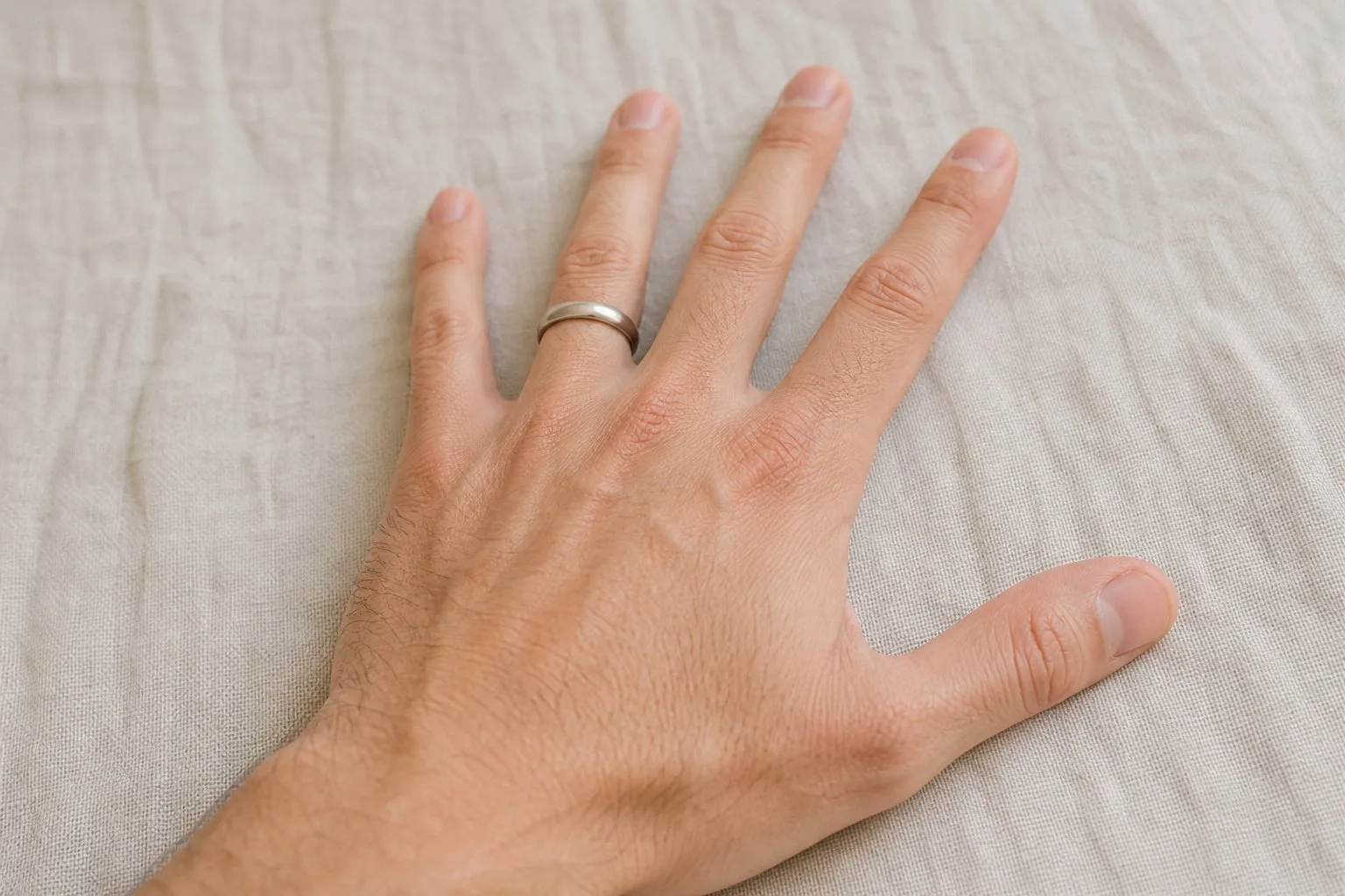 One hand resting flat in daylight wearing a single plain wedding band