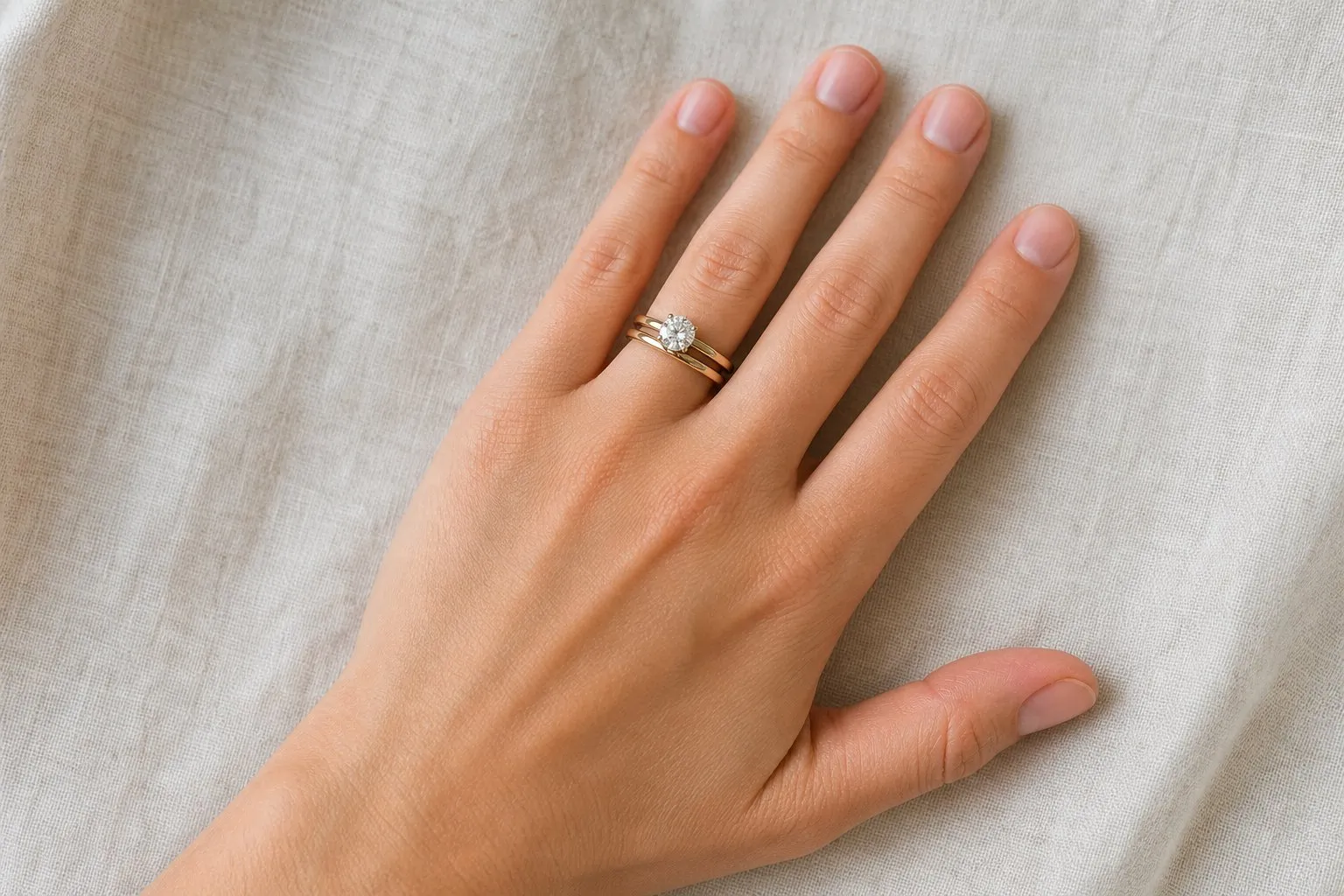 One hand resting flat on pale linen wearing a low-set round solitaire with a plain band sitting against it