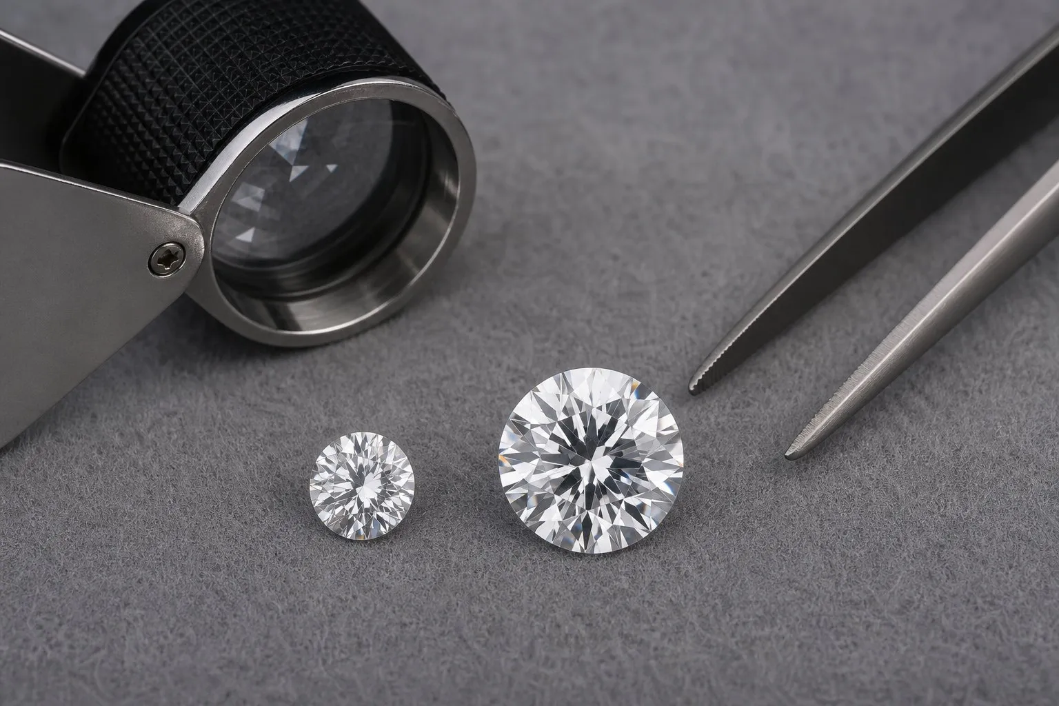 Two loose round diamonds on a gray felt pad beside a jeweler's loupe and steel tweezers, one visibly larger than the other, the trade an engagement ring budget under $10,000 comes down to