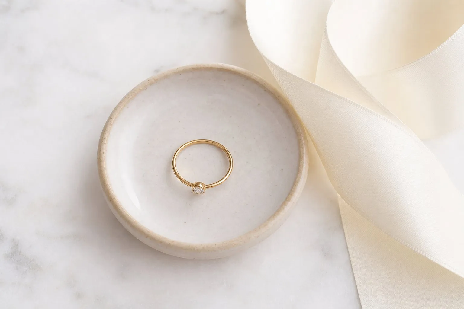 A slim round-stone engagement ring set down in a small ceramic dish beside a plain ivory ribbon