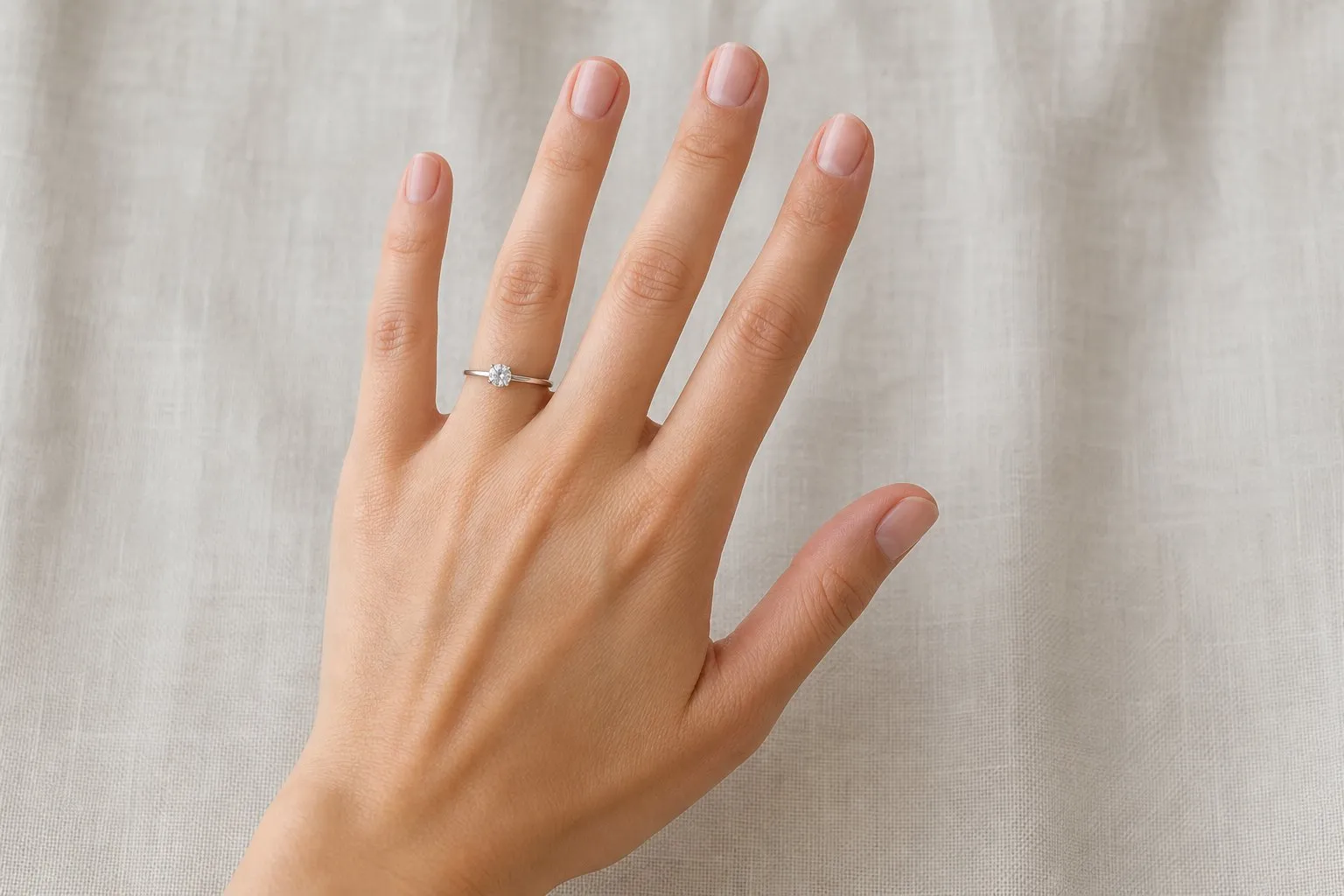 One hand wearing a slim white metal ring set with a single round brilliant stone
