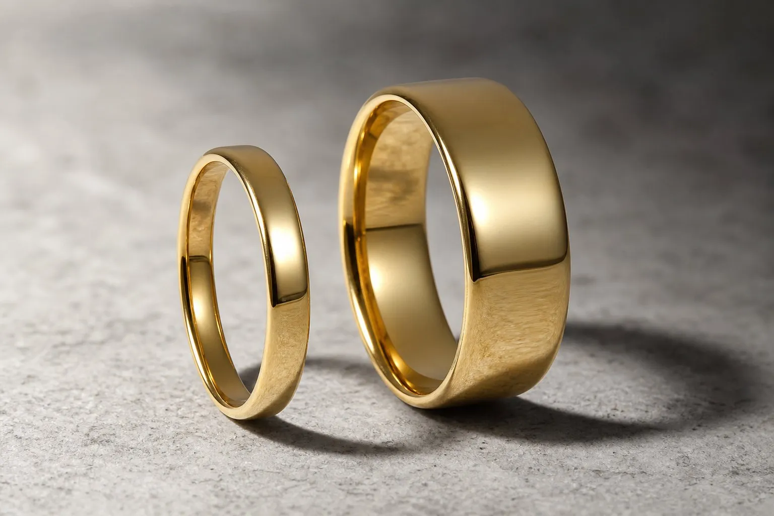 Two plain polished unset gold wedding rings standing on edge side by side, one wider than the other