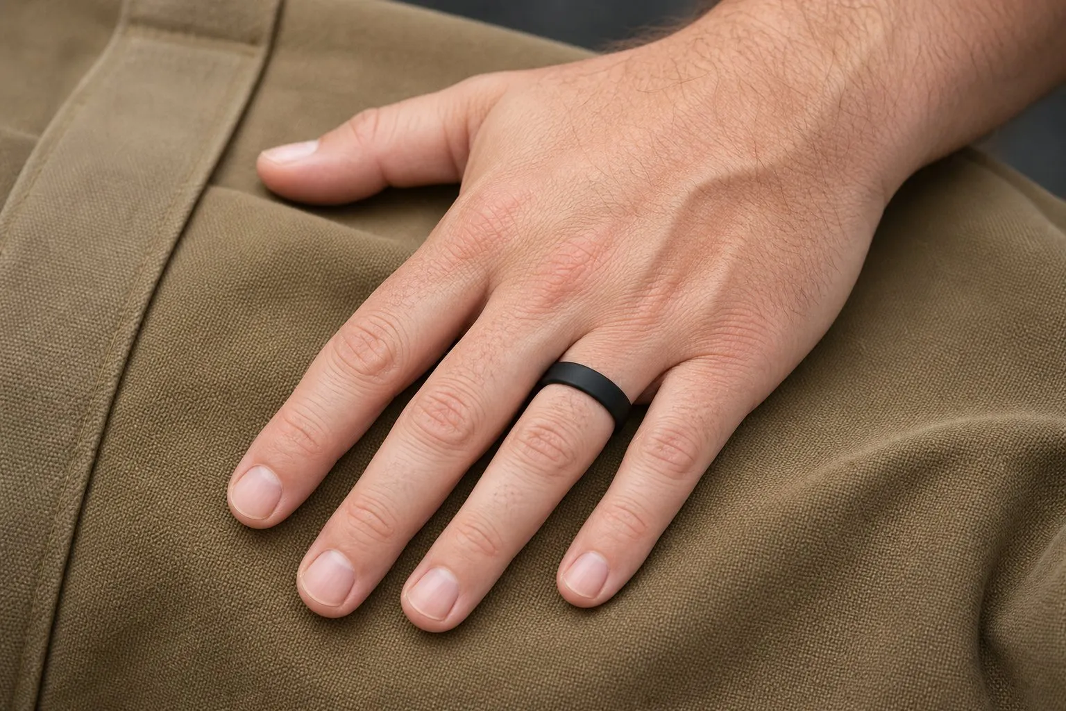 One hand resting on a canvas duffel bag wearing a matte black silicone wedding ring