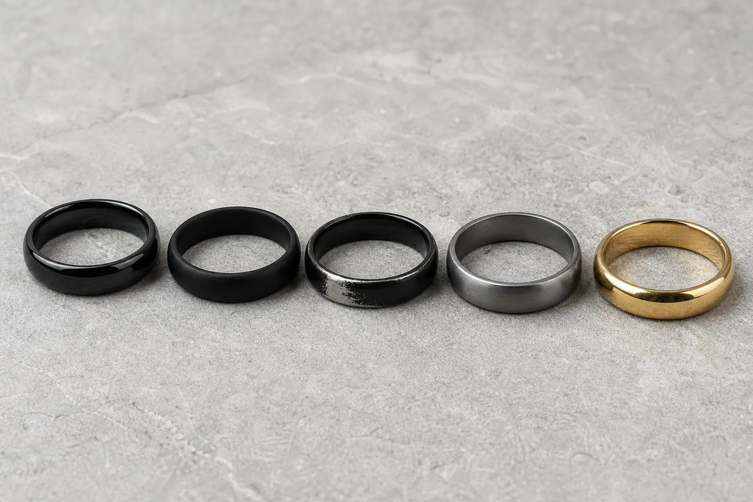 Five plain wedding bands in a row on gray stone: glossy black, matte black, a black band worn through to silver-gray metal at one edge, brushed gray metal and yellow gold