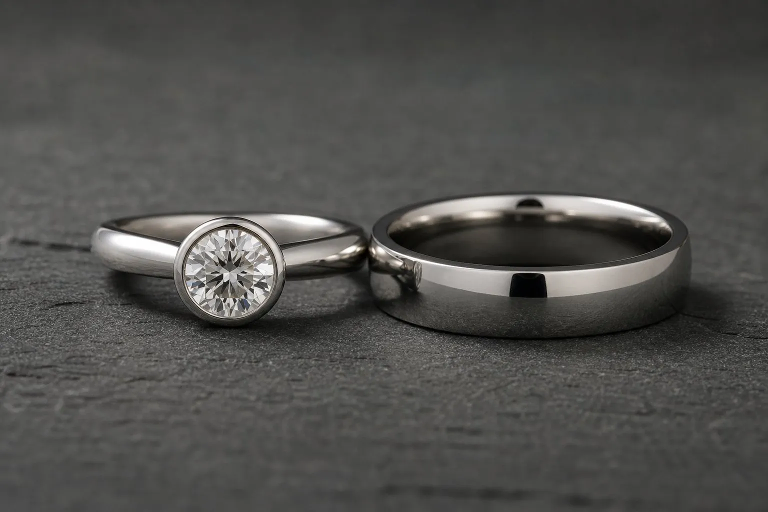 A bezel set engagement ring beside a plain wedding band on dark slate