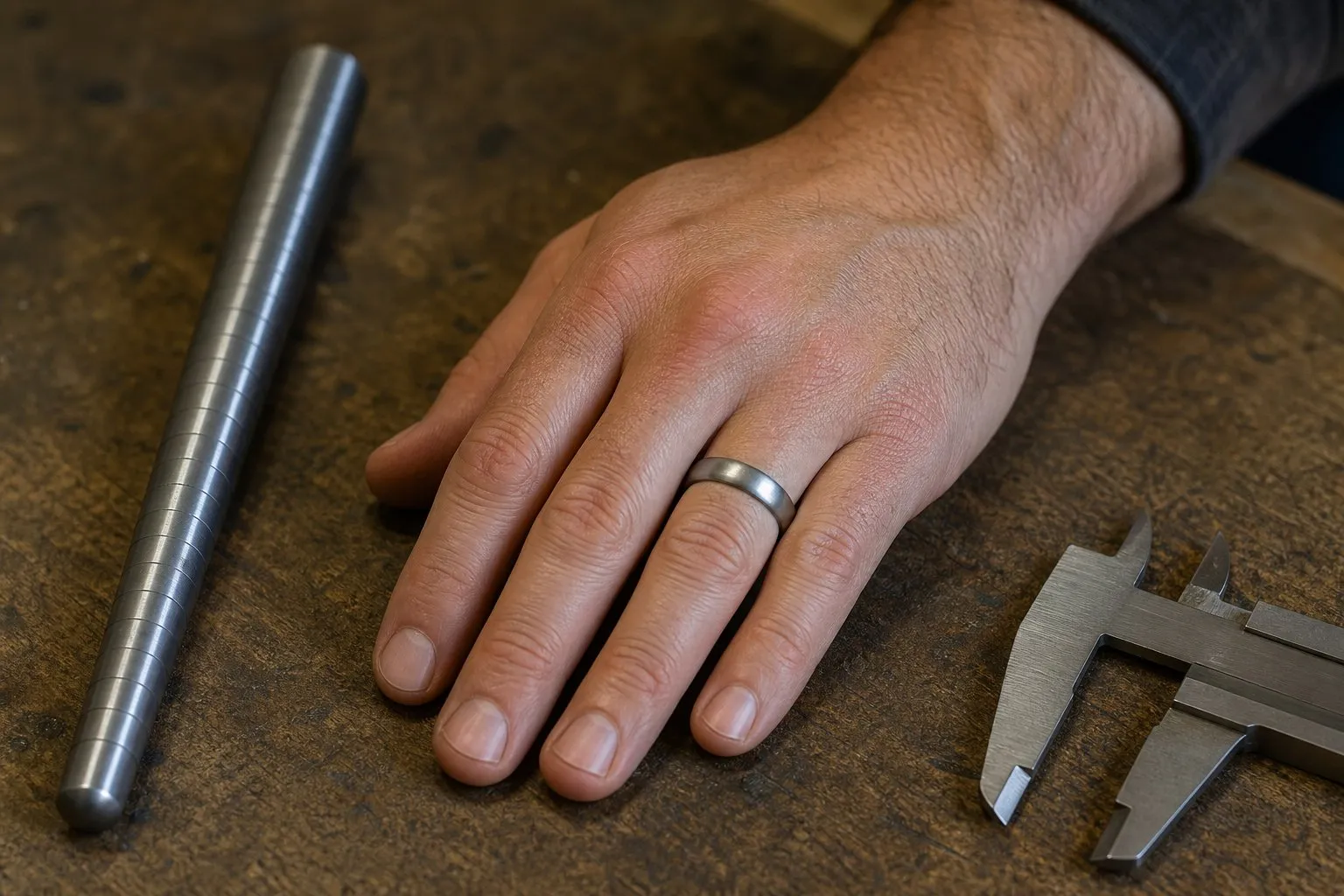 A man's hand on a workbench beside a steel ring mandrel and calipers, wearing a plain brushed gray wedding band