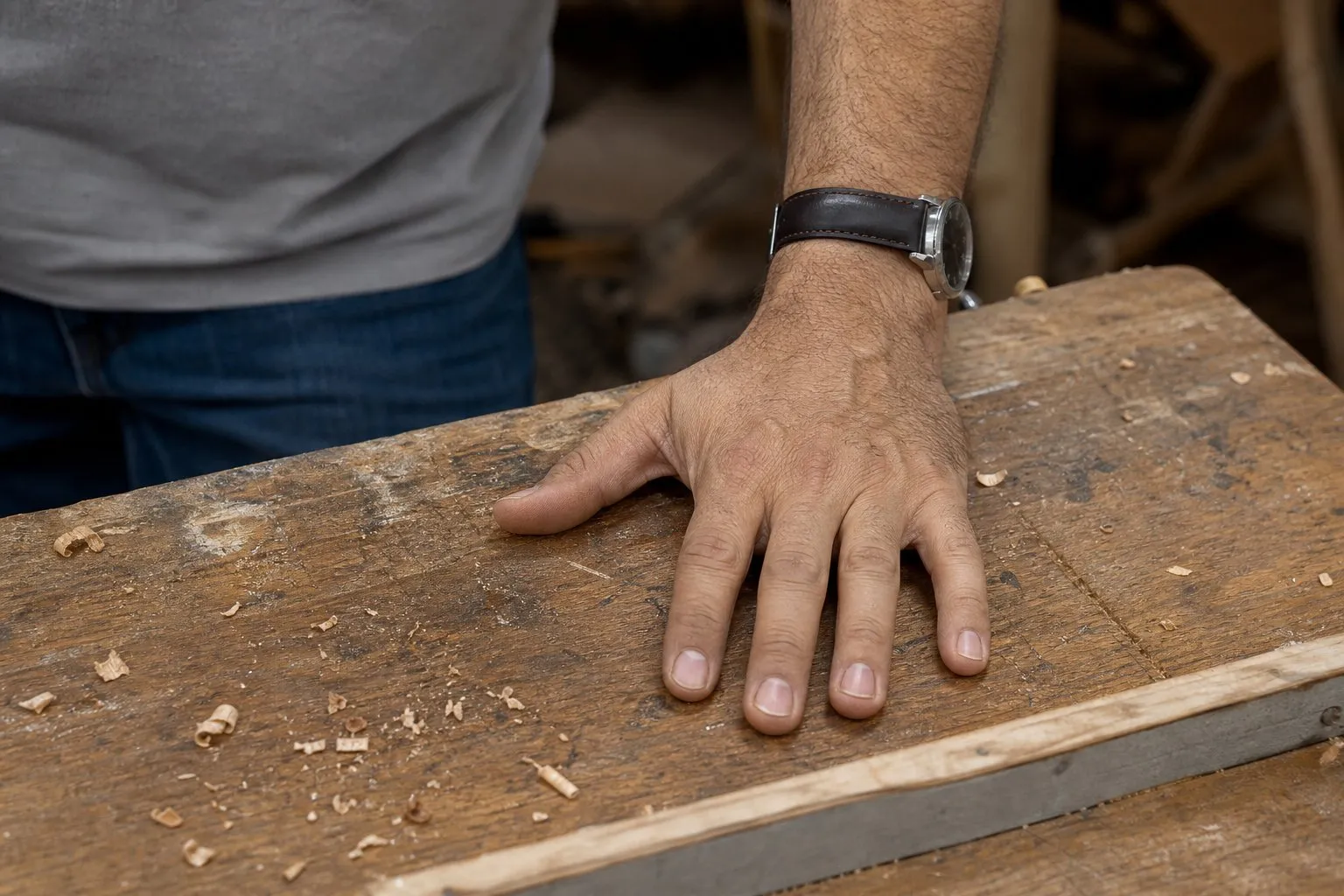 A forearm and one hand resting on the edge of a workbench in overcast daylight