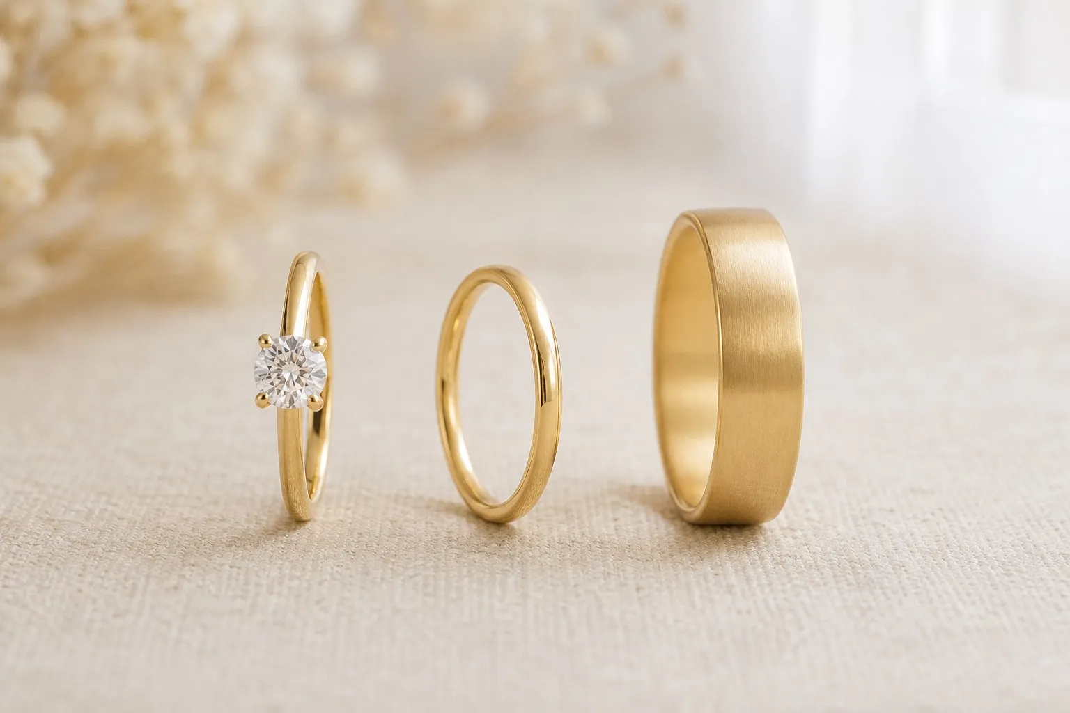 Three yellow gold rings standing on edge on beige linen: a round solitaire engagement ring, a slim women's band and a wider brushed men's band, the three pieces of a trio wedding ring set