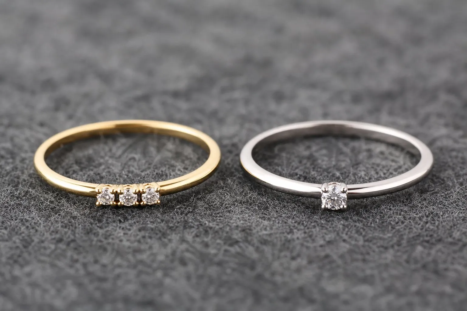 A thin yellow gold ring with three small round stones beside a thin white gold solitaire with one small round stone on gray felt, two simple styles of engagement ring under $500