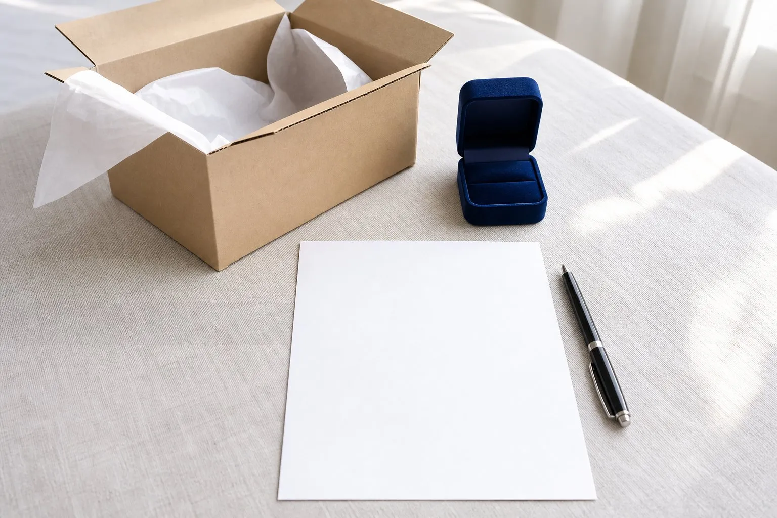 An opened cardboard shipping box with white tissue paper, an empty blue ring box and a blank sheet of paper with a pen, the paperwork side of returning an engagement ring bought online