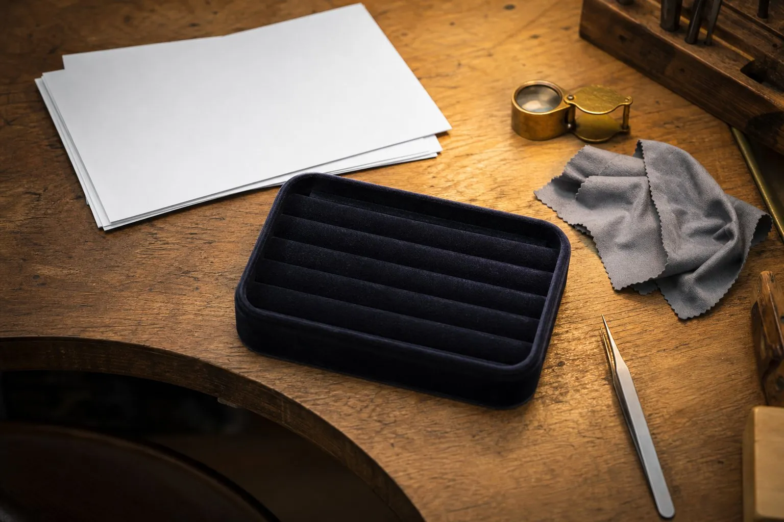 An empty velvet ring tray, a loupe and tweezers on a jeweler's workbench
