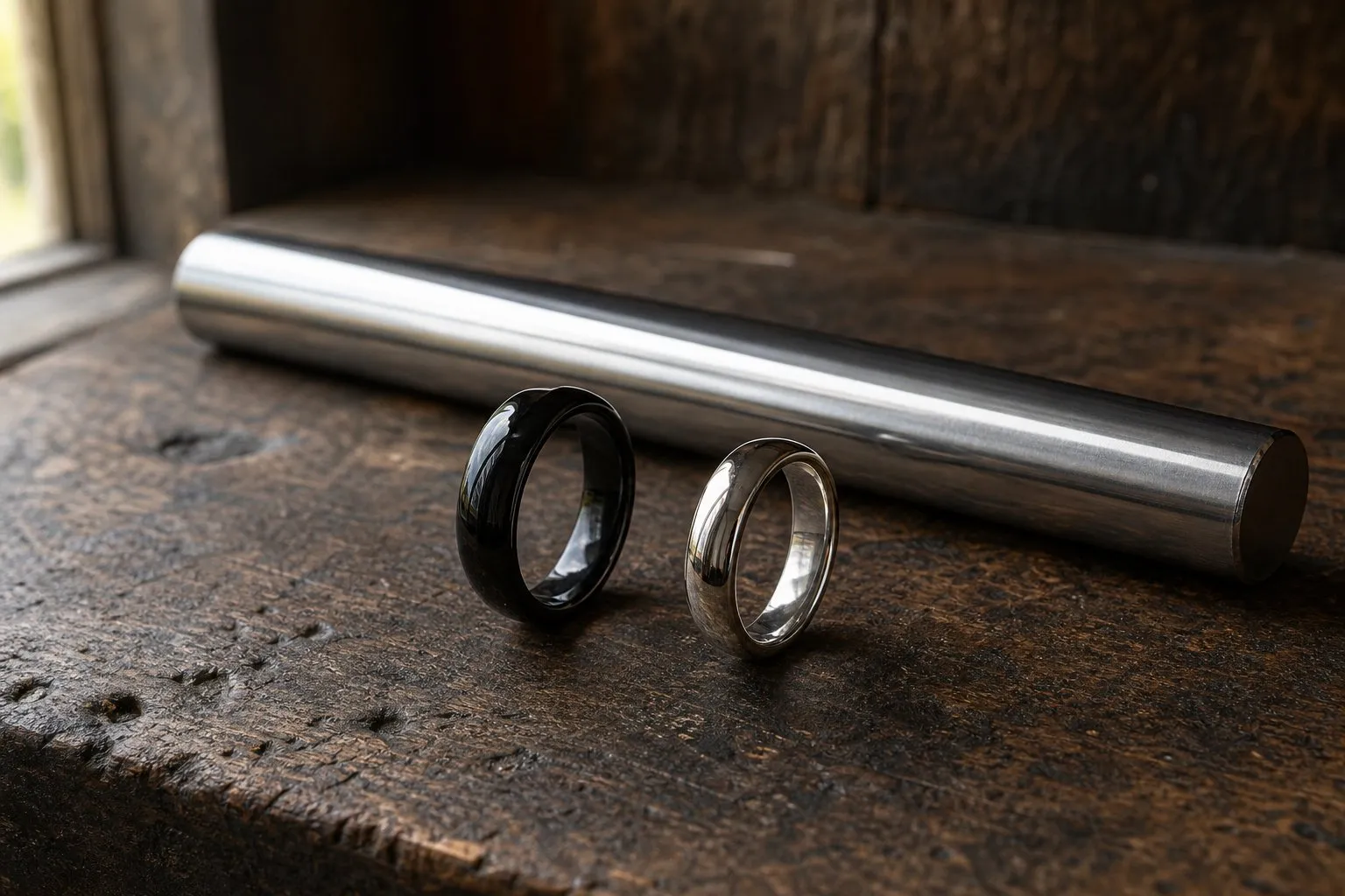 A black ceramic wedding band and a white one standing on a workbench beside a steel ring mandrel