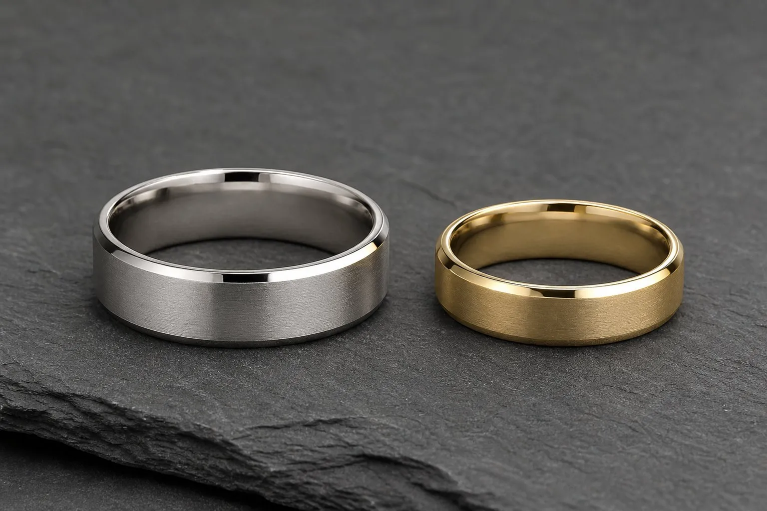 A wide brushed white metal wedding band beside a narrower brushed yellow gold band on dark slate, matching wedding bands in two different metals with the same beveled edge