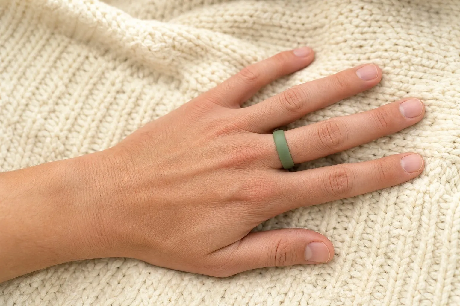 One hand resting on a cream knitted blanket wearing a sage green silicone wedding ring