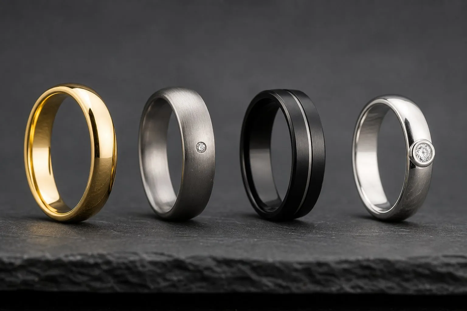 Four men's rings on dark slate, from a plain gold band to a bezel-set stone, the range of styles sold as men's engagement rings