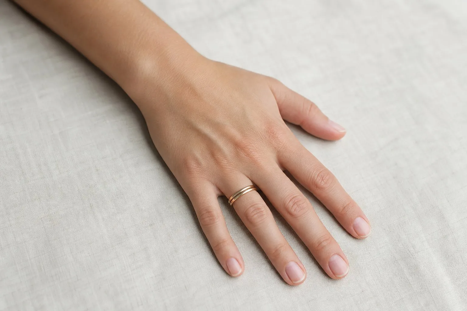 One hand wearing two slim plain wedding bands stacked on the ring finger