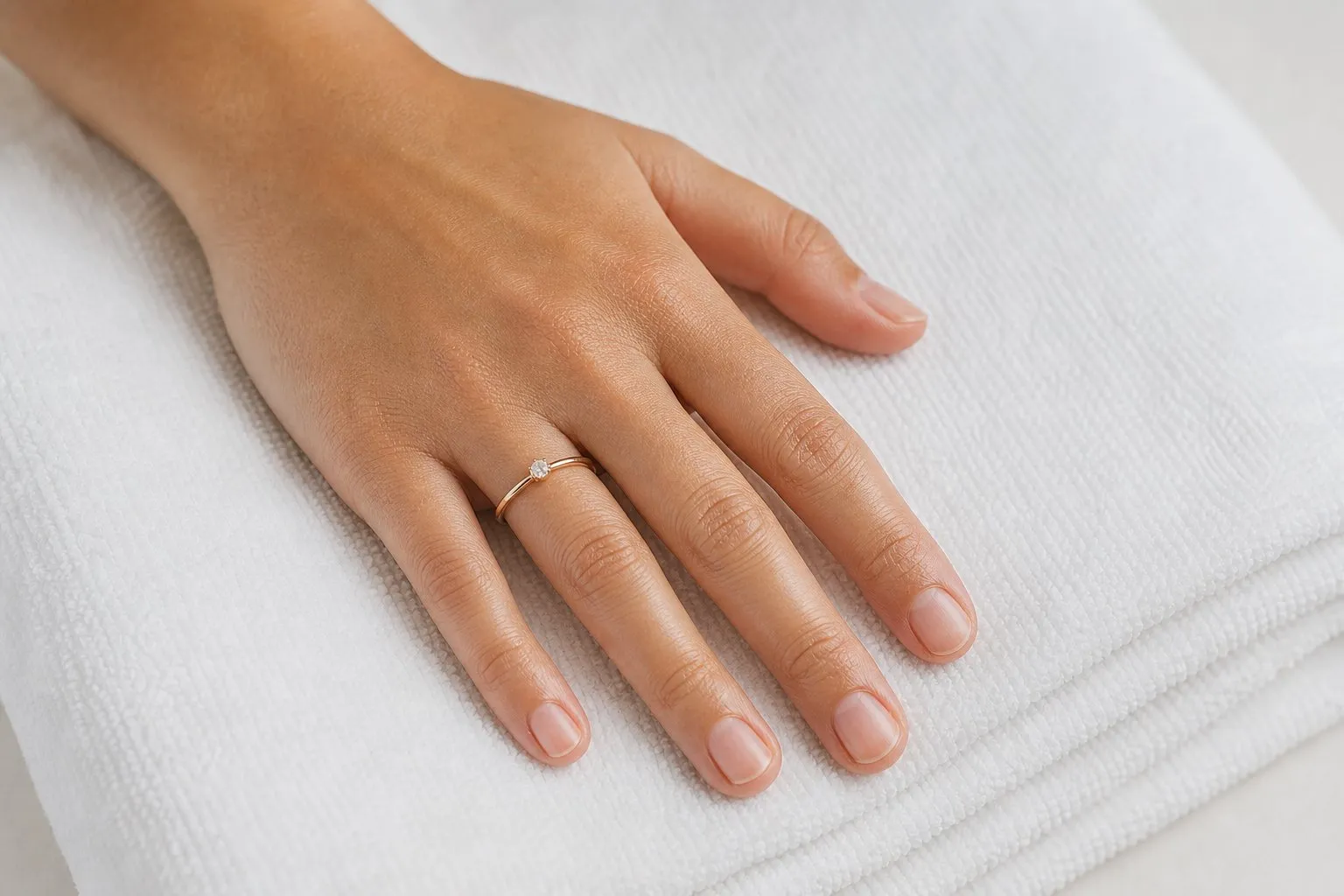 One hand resting on a folded towel wearing a slim ring with a single small stone