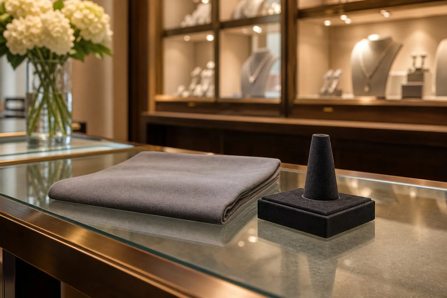 An empty ring stand and a folded cloth on a jewelry store counter
