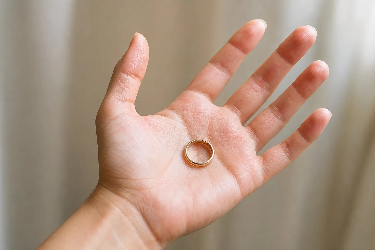 One open hand holding a single plain wedding ring on the palm in soft daylight