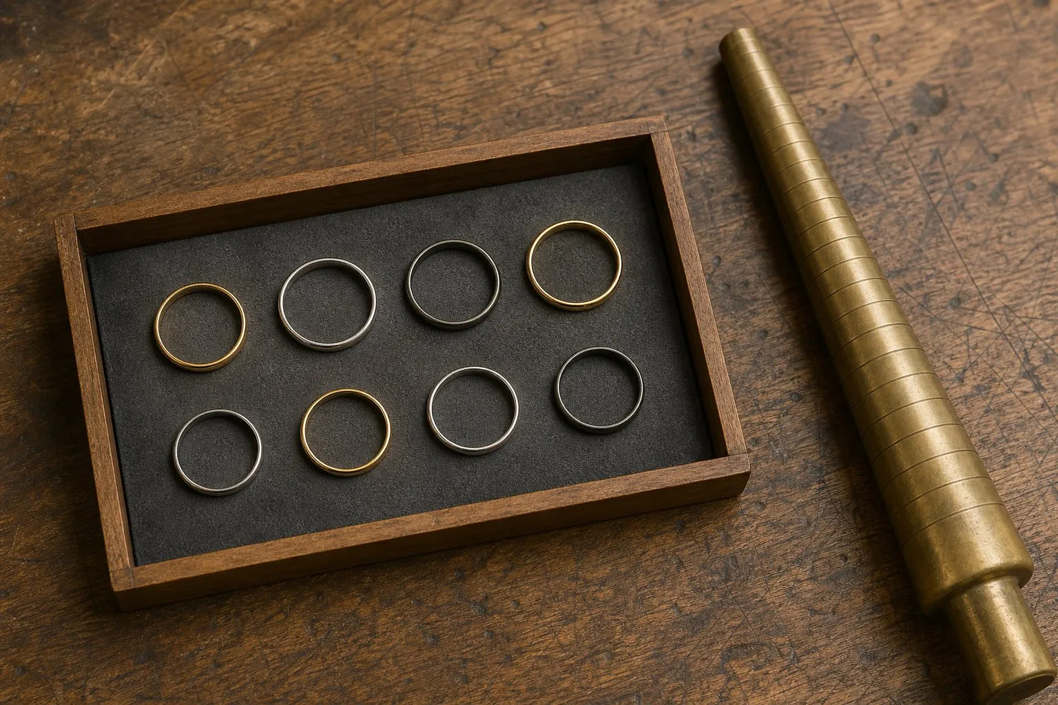 A jeweler's tray of thin plain wedding bands in yellow gold, white gold and gray metal beside a brass ring mandrel