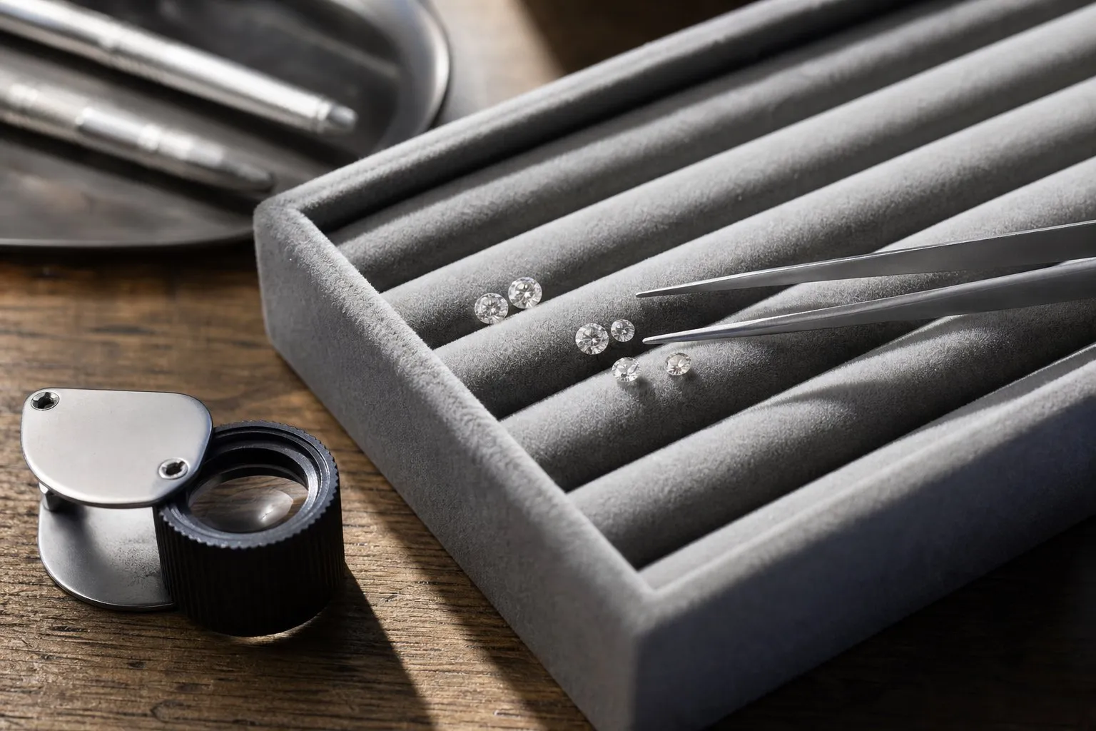 Small loose round diamonds on a gray felt jeweler's tray beside steel tweezers and a loupe on a wooden bench