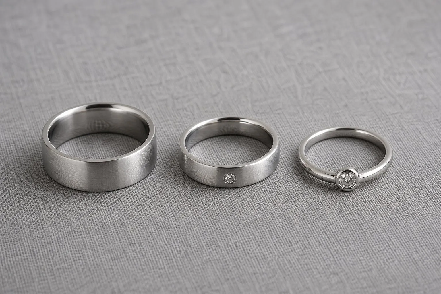 Three men's rings on gray linen: a plain wide band, a flush set round stone and a bezel set round stone