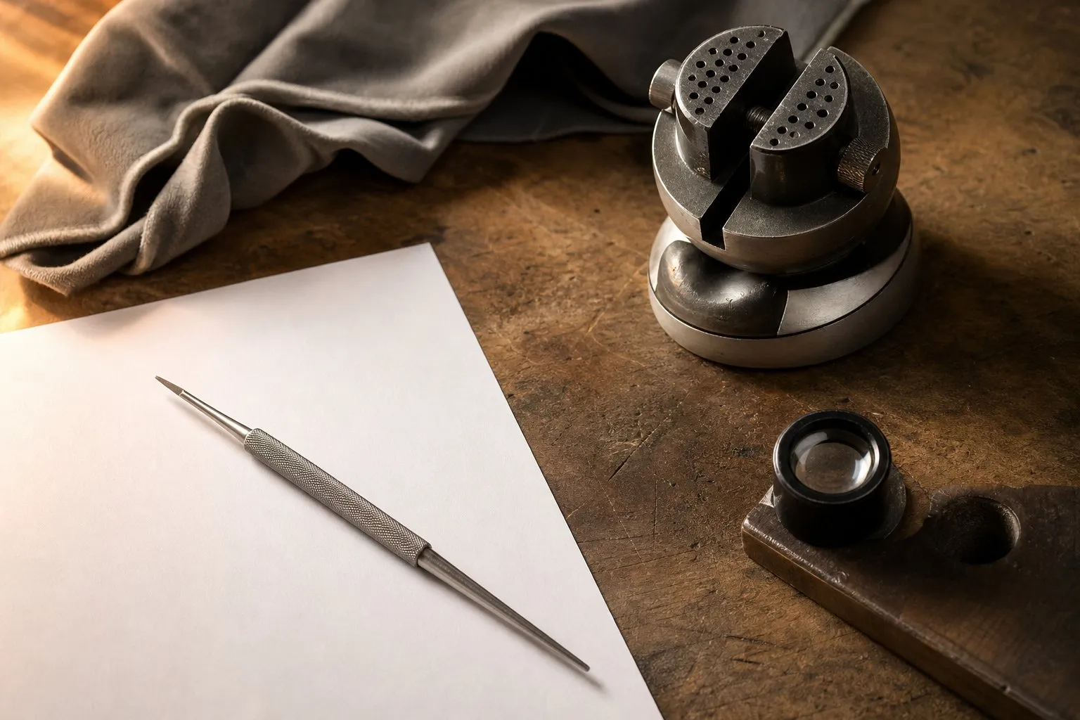 A graver, an empty ring clamp and a loupe on a jeweler's engraving bench