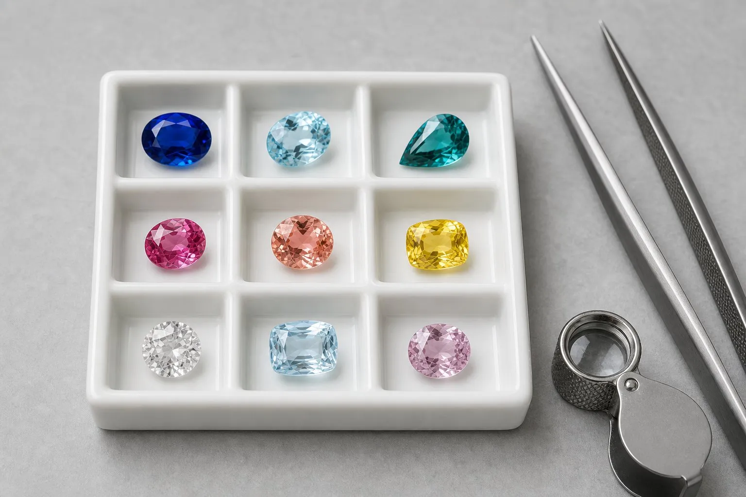 Nine loose faceted gemstones in blue, pale blue, teal, pink, pinkish orange, yellow, colorless and lilac on a white gemologist's tray beside tweezers and a loupe, the range of colors sapphire comes in