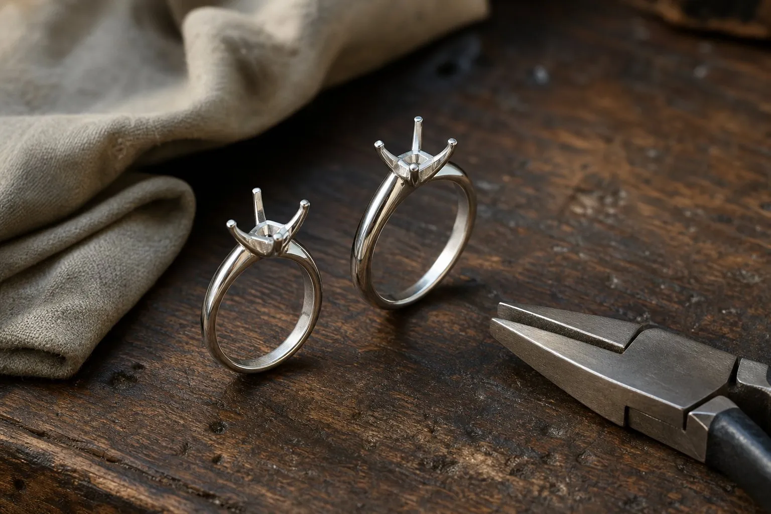 Two unset white metal engagement ring settings on a jeweler's bench beside flat nose pliers