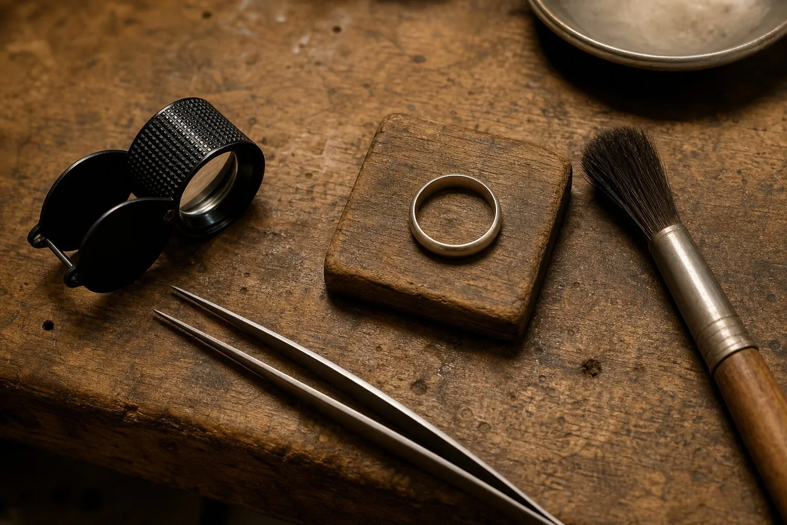 A jeweler's bench with a loupe, tweezers, a soft brush and a plain metal ring