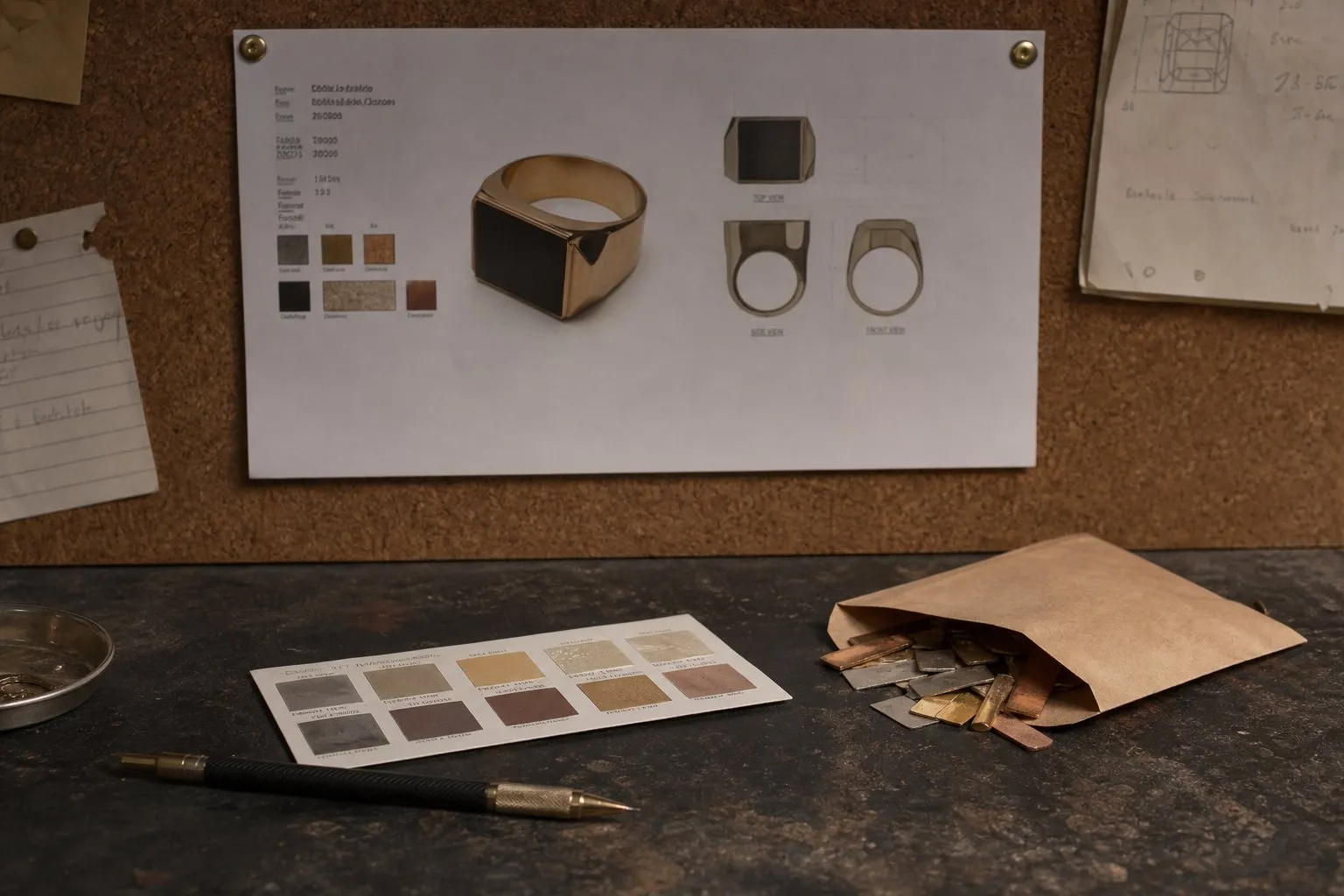 A printed custom wedding ring design sheet pinned to a cork board above a workbench, with metal finish swatches, a mechanical pencil and an envelope of metal offcuts below it