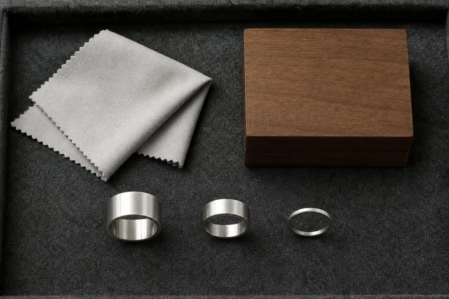 Three plain metal rings of different widths laid apart in a row on a dark gray felt tray
