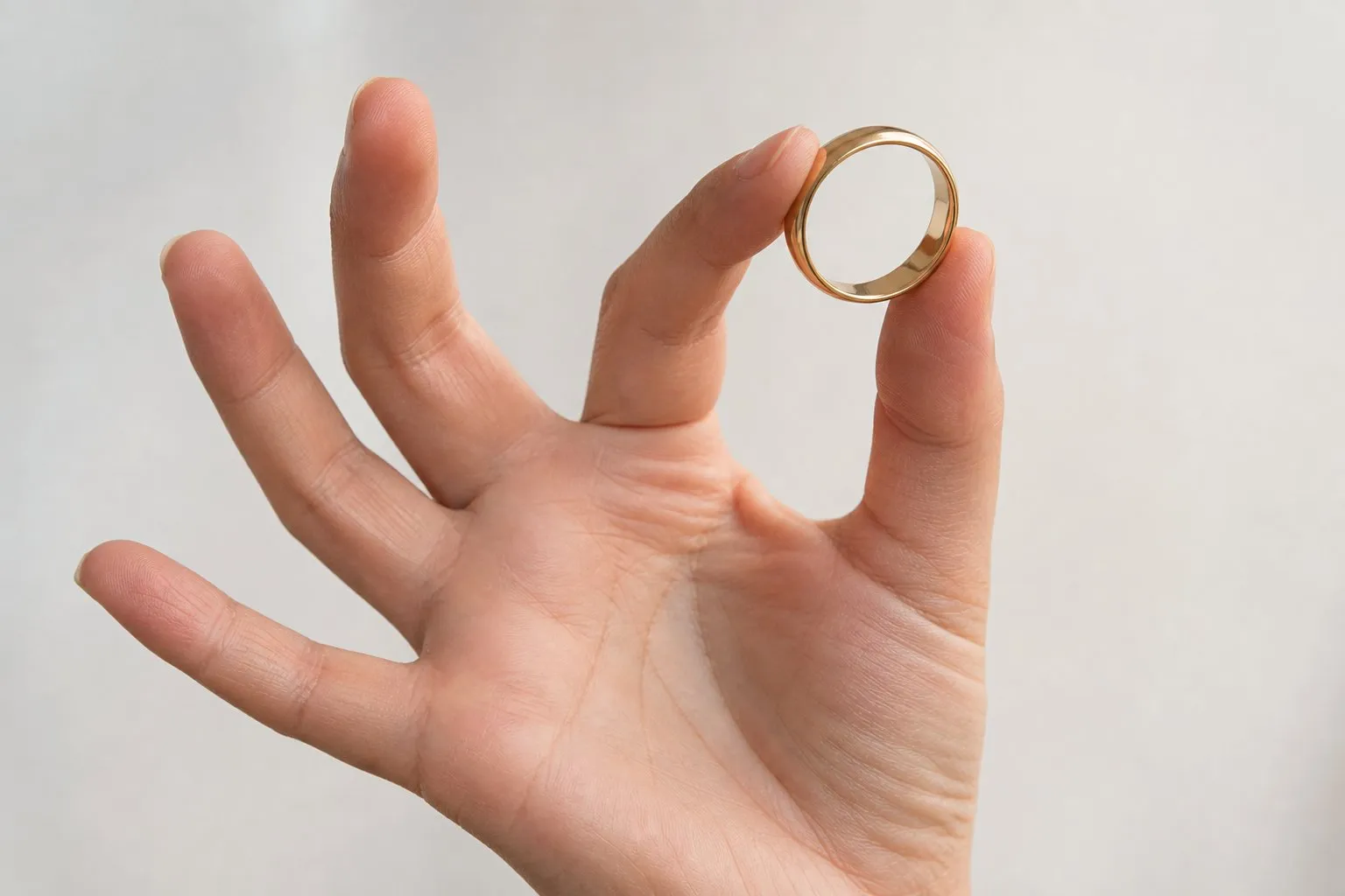 One hand holding a plain gold wedding ring turned to show the inside of the hoop